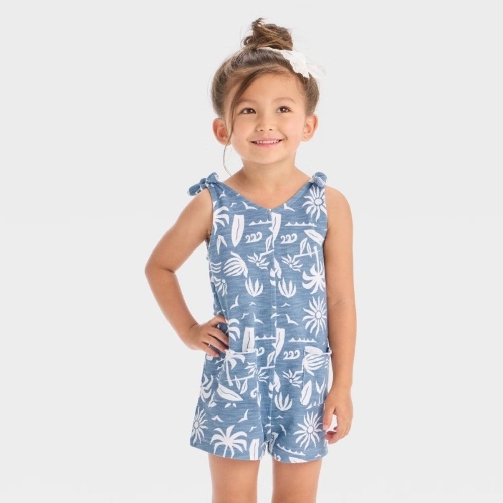 Grayson Mini Baby Girl Blue Tropical Palm Tree Surfboard Tie Shoulder Romper 12M